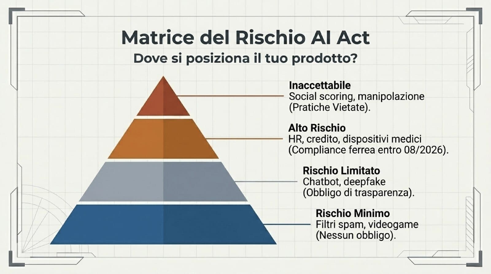 Matrice del rischio AI Act: classificazione dei sistemi AI in inaccettabile, alto rischio, rischio limitato e rischio minimo