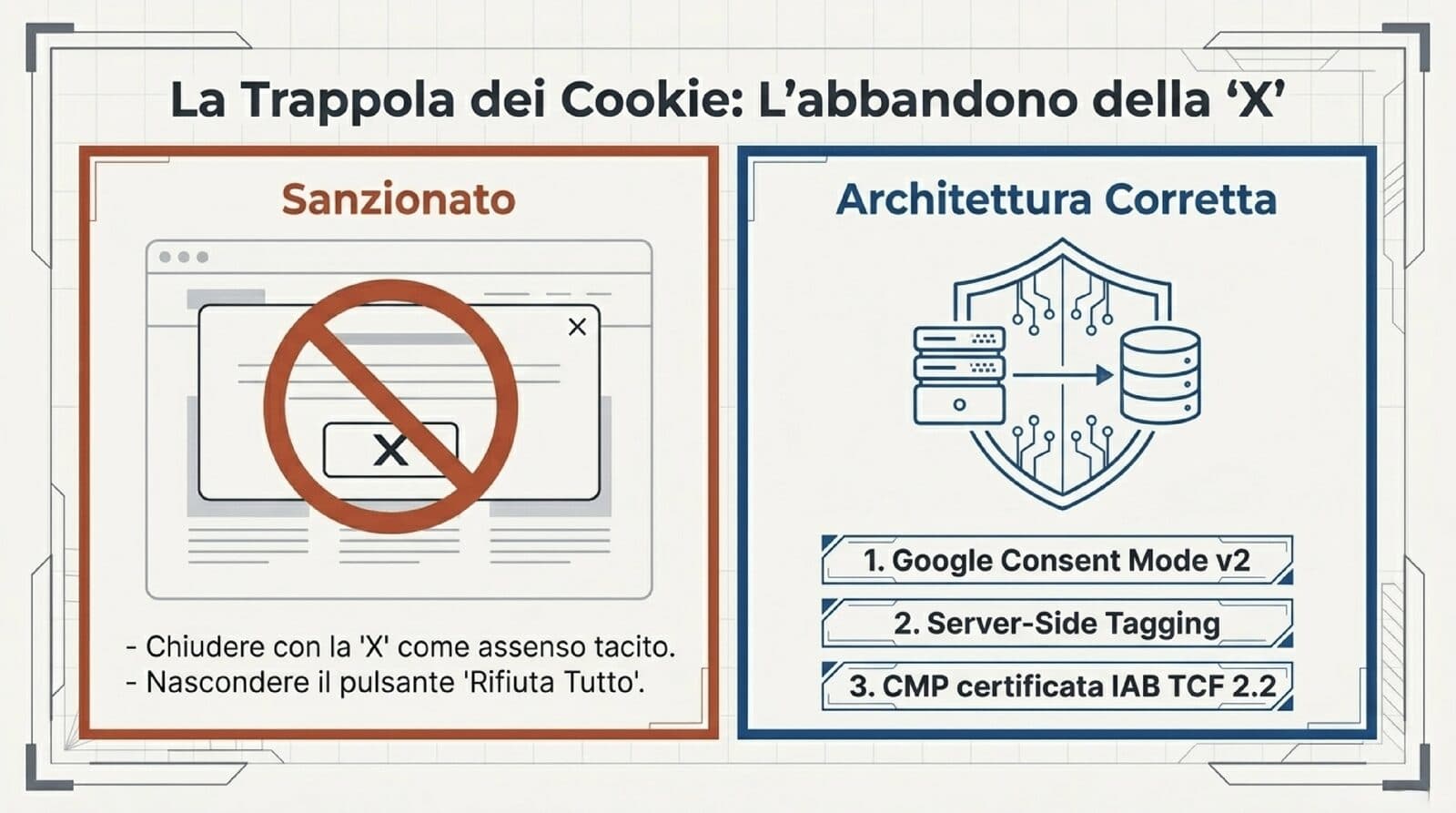 Cookie banner con dark pattern — trappola della X di chiusura — confrontato con architettura conforme Consent Mode v2 e CMP IAB TCF 2.2