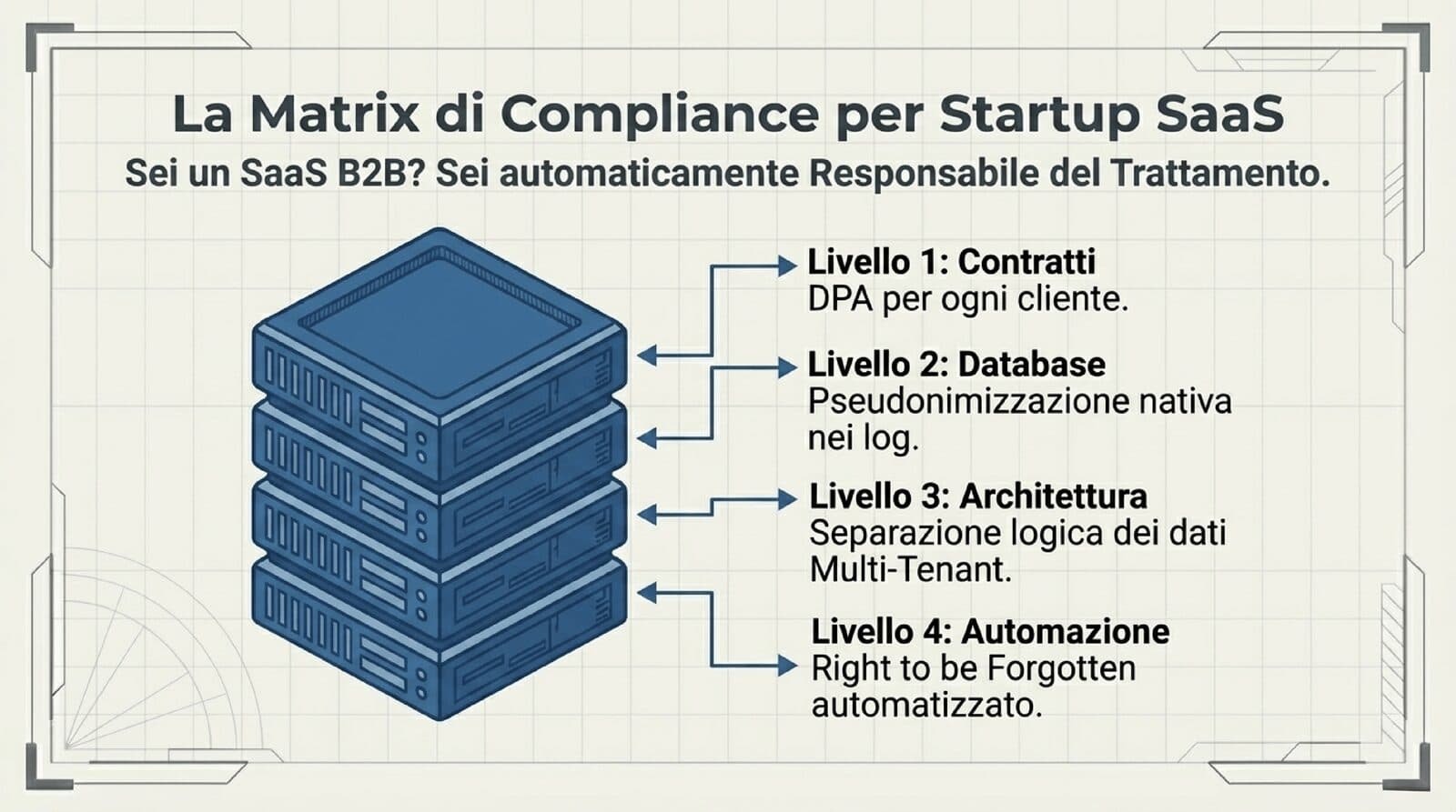 Matrix di compliance per startup SaaS: 4 livelli di adeguamento — contratti, database, architettura e automazione